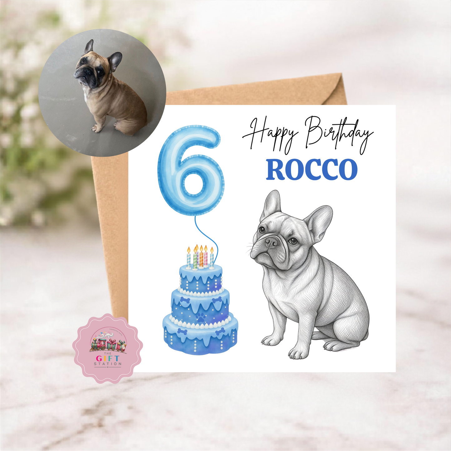 Sketched Dog Happy Birthday Card - Age, Cake, Balloons, Personalised