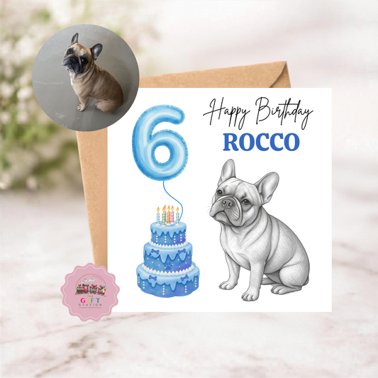 Sketched Dog Happy Birthday Card - Age, Cake, Balloons, Personalised