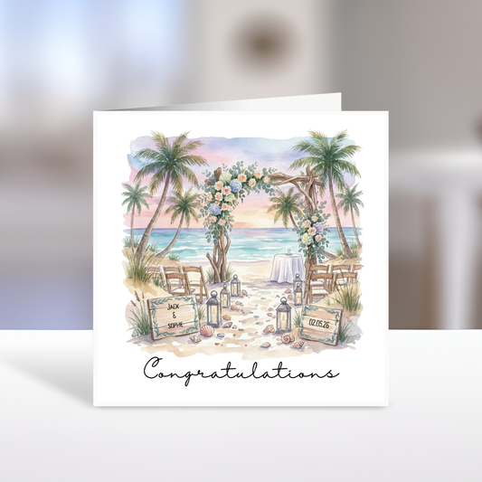 Beach Wedding Day Card, Congratulations, Personalised