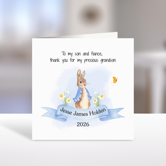 New Grandson Card, Blue Rabbit design