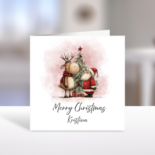 Merry Christmas Card, Reindeer, Santa and Christmas Tree, Personalised