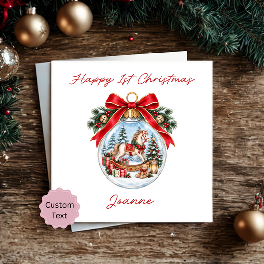 Christmas Card - Red Rocking Horse - Bauble