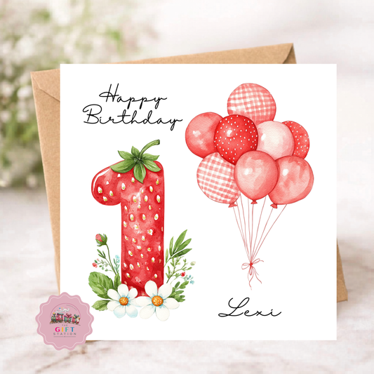 Happy Birthday Card - Age, Strawberry, Balloons