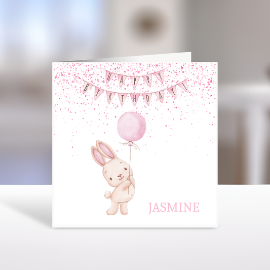 Happy Birthday Card with Bunny, Pink Balloon, Personalised