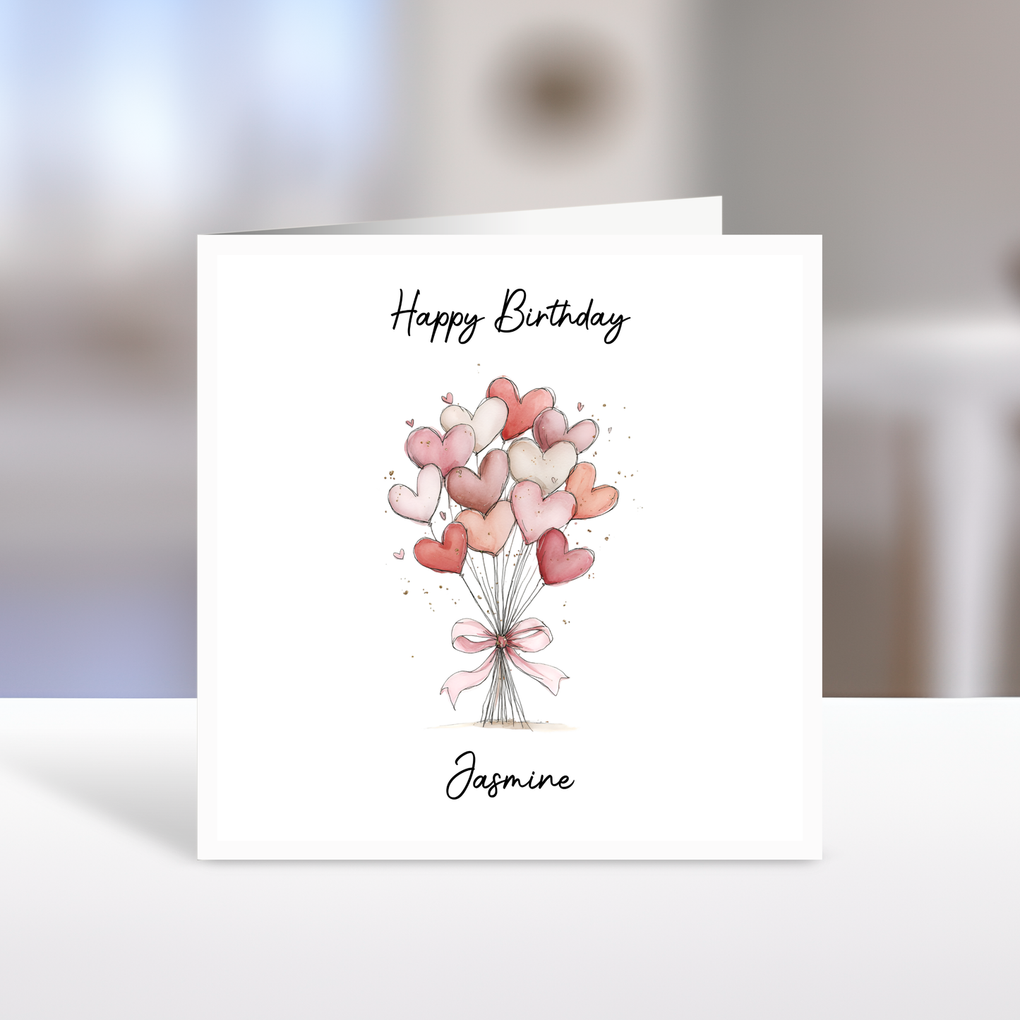 Happy Birthday Card, Pink Heart Balloons, Personalised