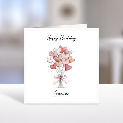 Happy Birthday Card, Pink Heart Balloons, Personalised