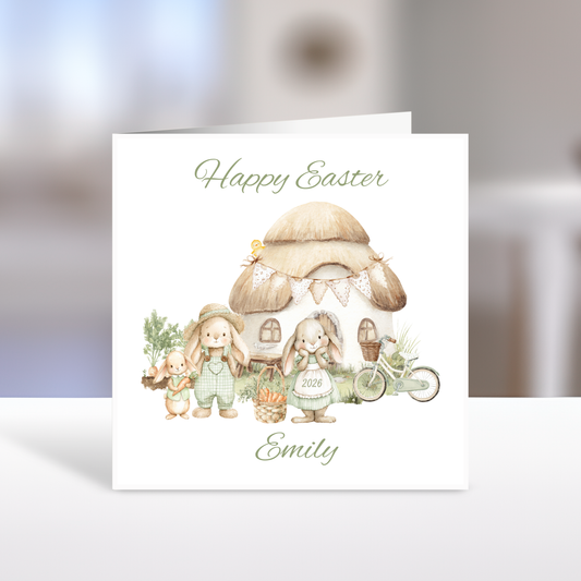 Happy Easter Card, Green Bunny Family, Personalised