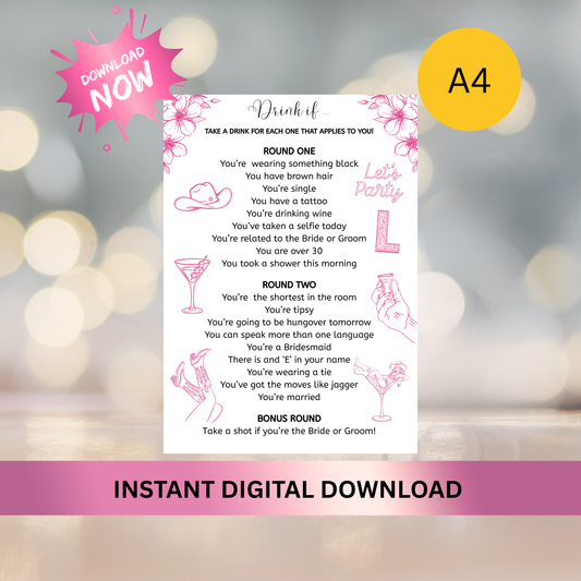 Hen Party Drinking Game - Cowboy Theme | Drink if Game | Instant Digital Download A4