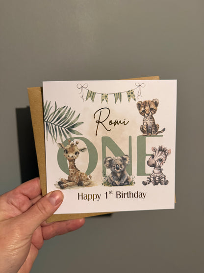 Safari 1st Birthday, Personalised Foiled Card