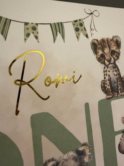 Safari 1st Birthday, Personalised Foiled Card
