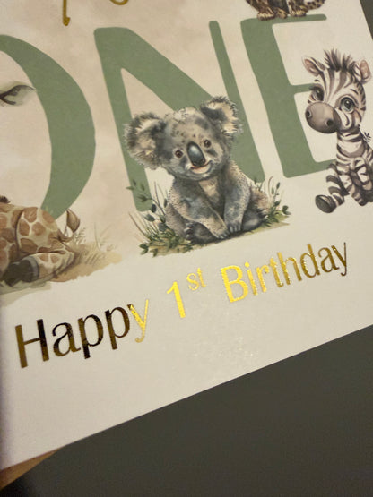 Safari 1st Birthday, Personalised Foiled Card
