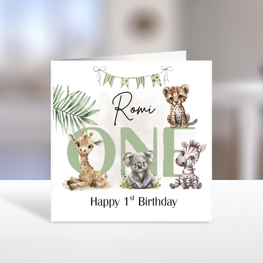 Safari 1st Birthday, Personalised Foiled Card