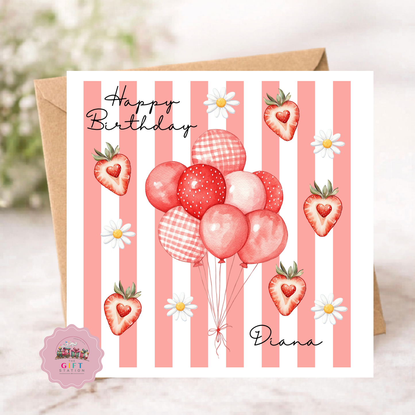 Happy Birthday Card - Strawberry, Balloons