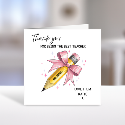 Thank you Teacher Card, Pink Bow Pencil, Personalised