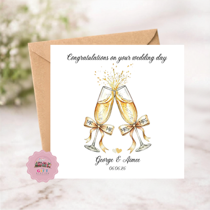 Wedding Day Card, Champagne Glasses, Congratulations, Personalised